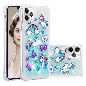 Girls Cute Cartoon Waterfall Fusion Liquid Sparkling Quicksand Liquid Phone Case with Shockproof Protection For iPhone 11