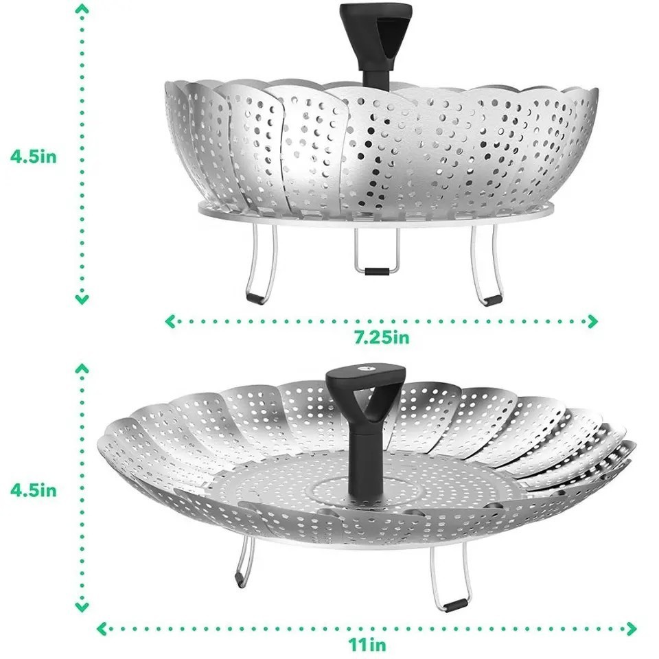 Kitchen Supplies Multi-functional Cooker Steaming Tray Stainless Steel Collapsible Food Vegetable Steamer Basket w/Nylon Handle