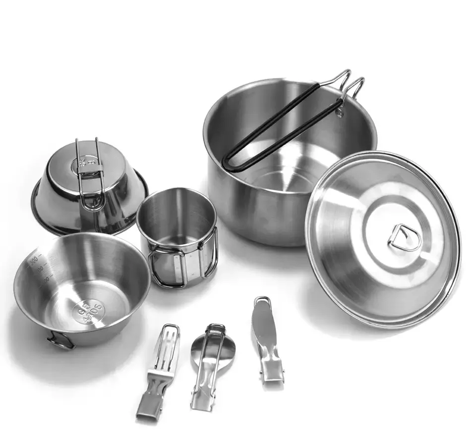 Hot sale 8pcs Stainless Steel Camping Cookware Set - Mess Kit For Camping Hiking Picnic