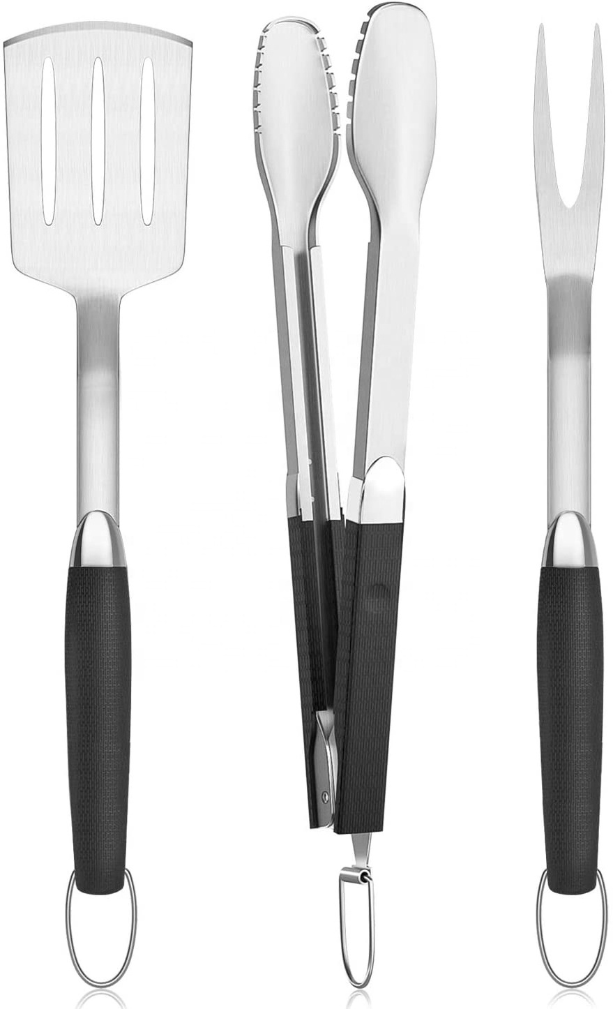 New design high quality Stainless Steel BBQ Tools Set with Spatula, Tong adn Fork for Outdoor Barbecue Grills