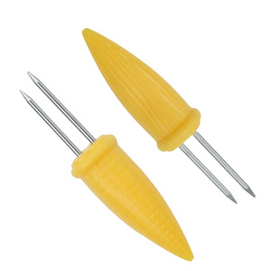 BBQ Grill Accessories Durable Stainless Steel Twin Prong Corn Skewers plastic handle corn cob Holders with corn dishes for sale