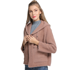 Jersey Long Sleeve Zip-up Gray Women Off Shoulder Sweatshirt Fox Lined Multi-way Cardigan Short Sheep Wool Fur Pocket Coat