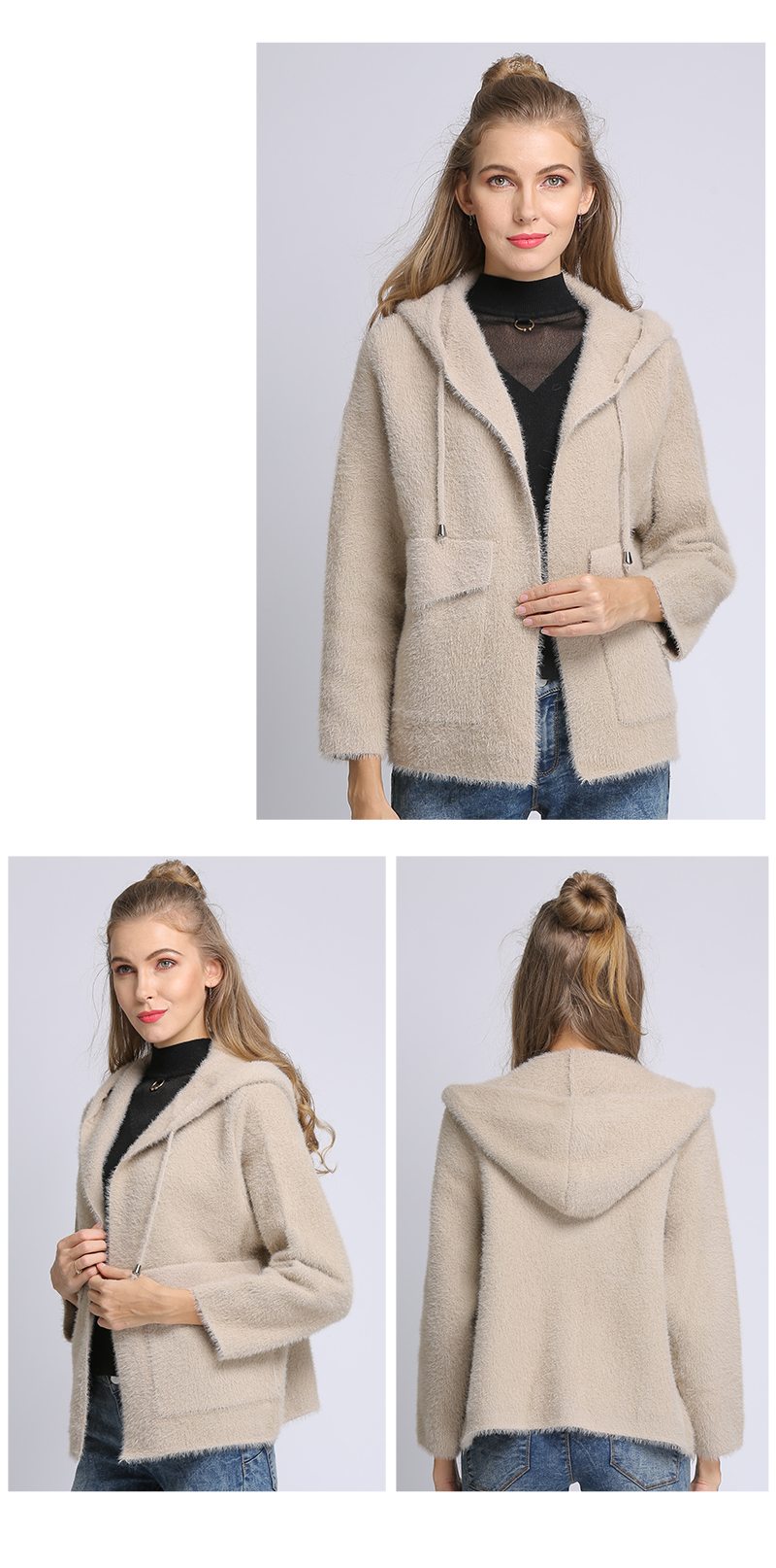 Jersey Long Sleeve Zip-up Gray Women Off Shoulder Sweatshirt Fox Lined Multi-way Cardigan Short Sheep Wool Fur Pocket Coat