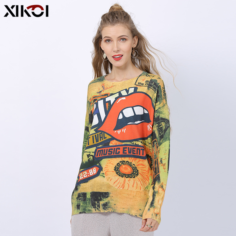 New Oversized Sweater For Women Winter Fashion Mouth Print Pullovers Long Sleeves Jumper Women Knitted Pull Femme Clothes