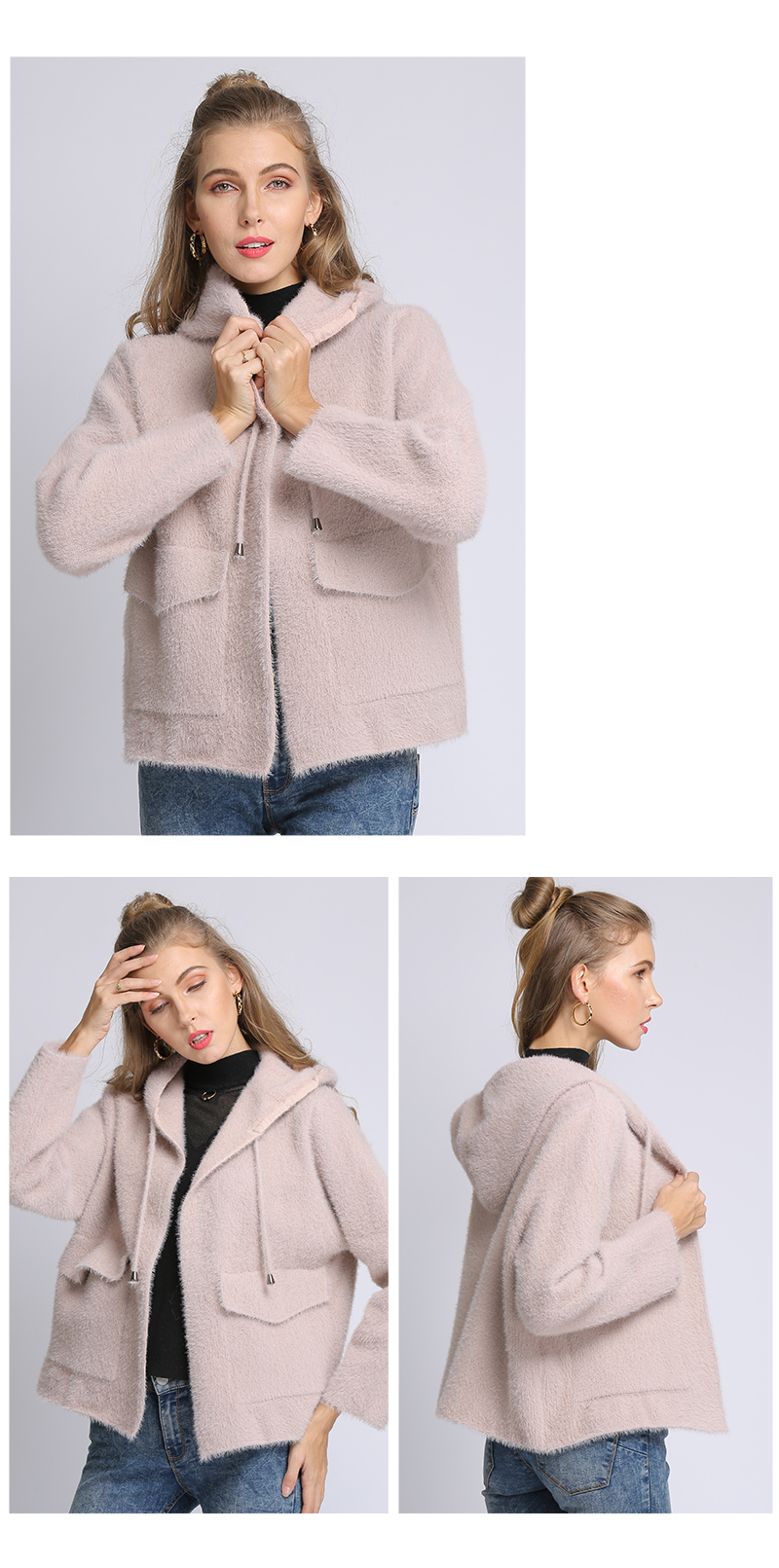 Jersey Long Sleeve Zip-up Gray Women Off Shoulder Sweatshirt Fox Lined Multi-way Cardigan Short Sheep Wool Fur Pocket Coat