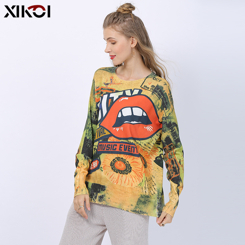 New Oversized Sweater For Women Winter Fashion Mouth Print Pullovers Long Sleeves Jumper Women Knitted Pull Femme Clothes