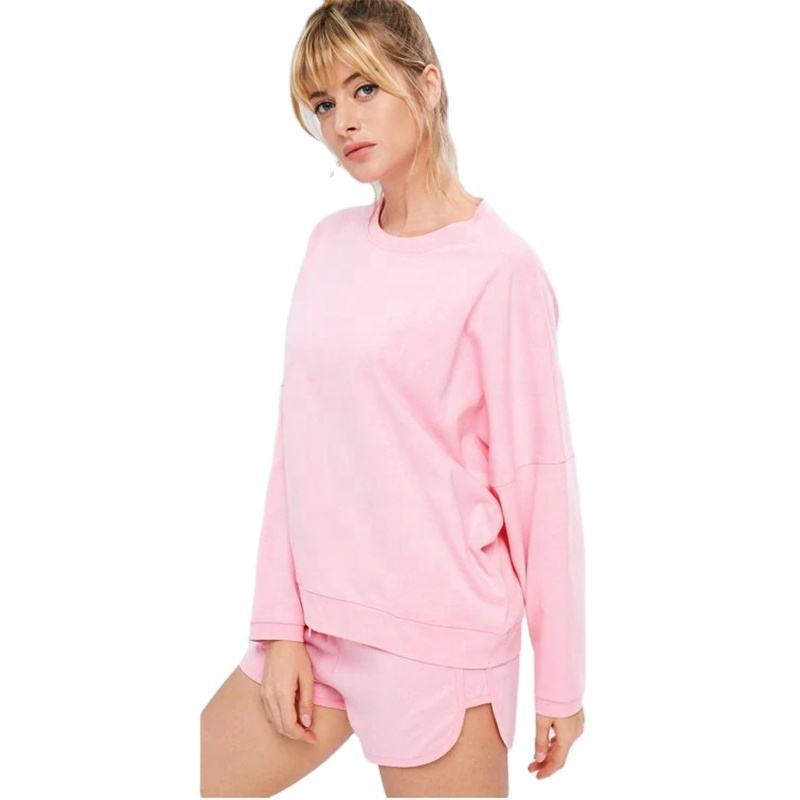 Wholesale round neck long sleeve Oversized Sports Sweatshirt sweat shorts Set pink casual women sweat suit