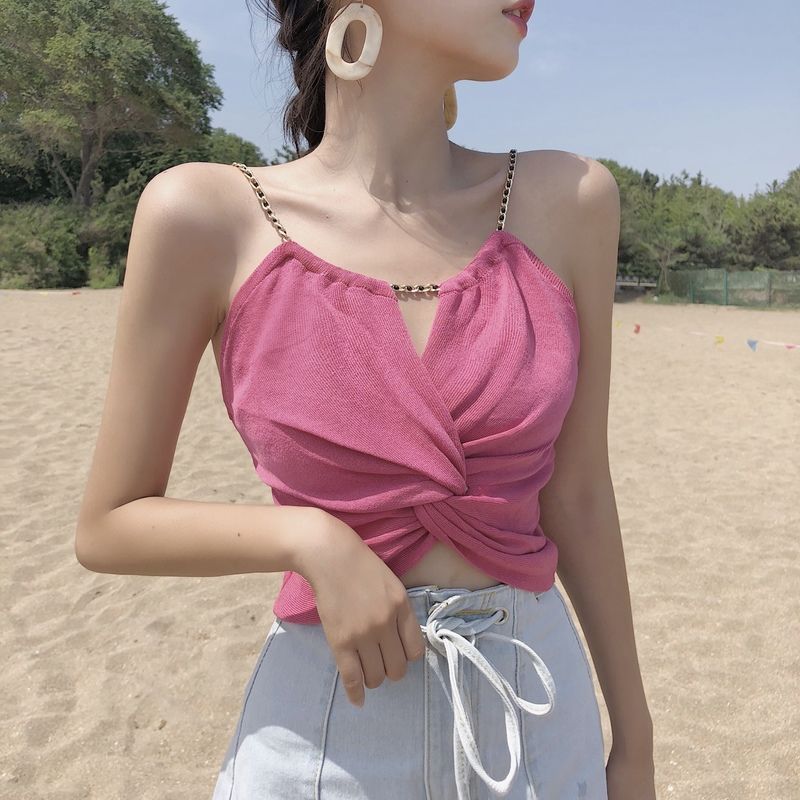 2024 New Summer Kinky Chain Personality Knitted Halter Shirt Slimming Everything With Bare Midriff Women's Small Sexy Vest