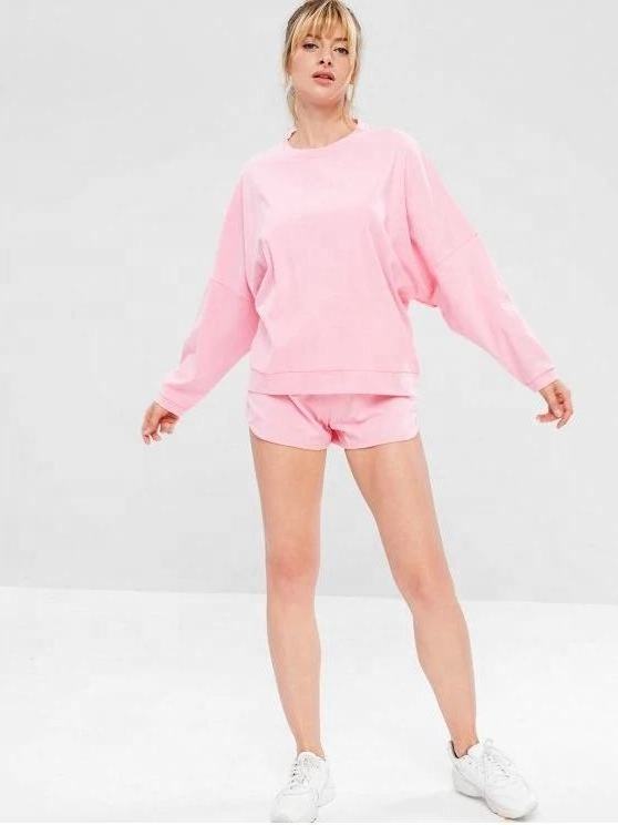 Wholesale round neck long sleeve Oversized Sports Sweatshirt sweat shorts Set pink casual women sweat suit