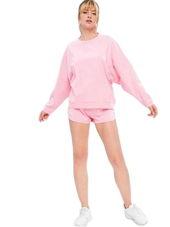 Wholesale round neck long sleeve Oversized Sports Sweatshirt sweat shorts Set pink casual women sweat suit