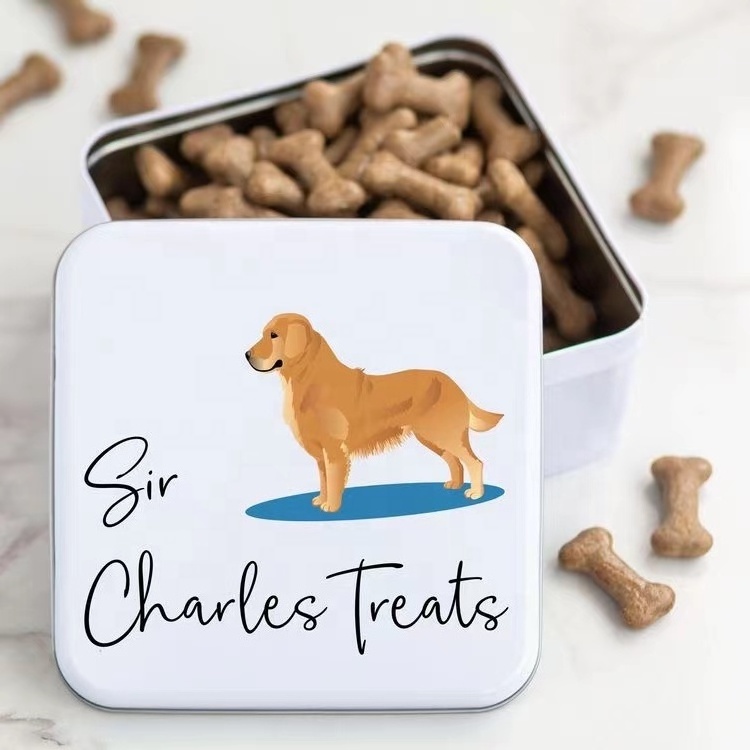 Custom food grade luxury personalised dog food treat tin canister metal food storage  cookie tin dog treat jar with lid for pet