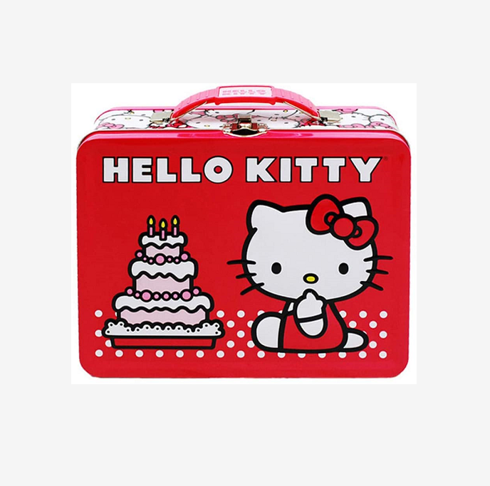 Wholesale large food grade high quality cute kids pink rectangular empty kitty custom print tin lunch box with handle