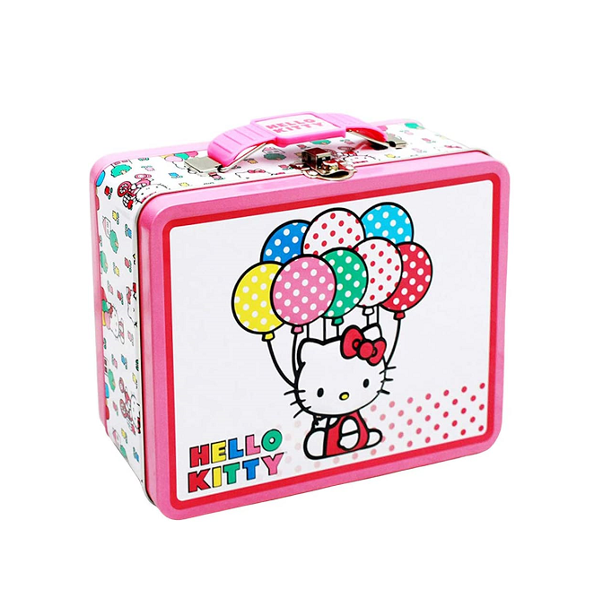 Wholesale large food grade high quality cute kids pink rectangular empty kitty custom print tin lunch box with handle