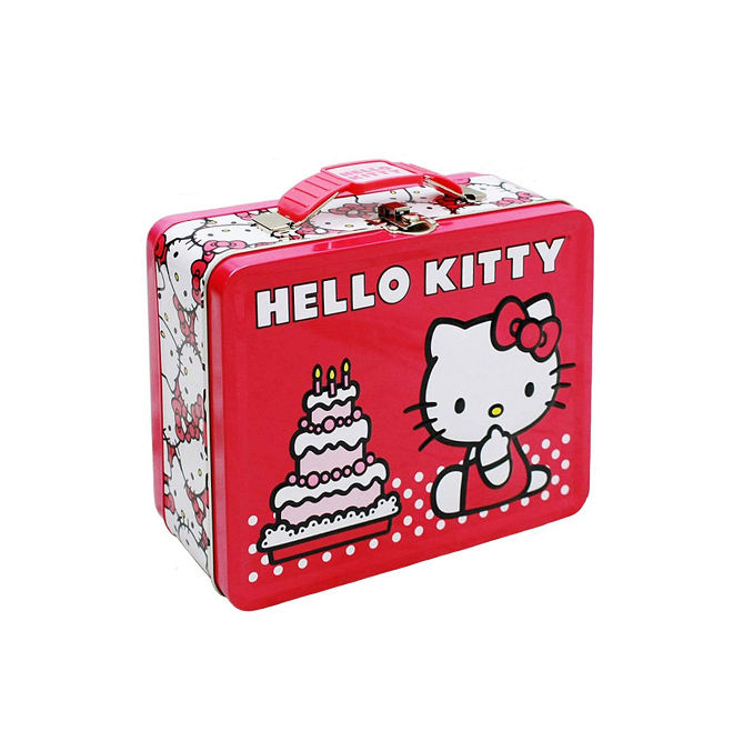 Wholesale large food grade high quality cute kids pink rectangular empty kitty custom print tin lunch box with handle