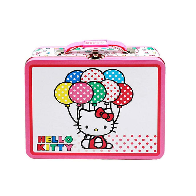 Wholesale large food grade high quality cute kids pink rectangular empty kitty custom print tin lunch box with handle