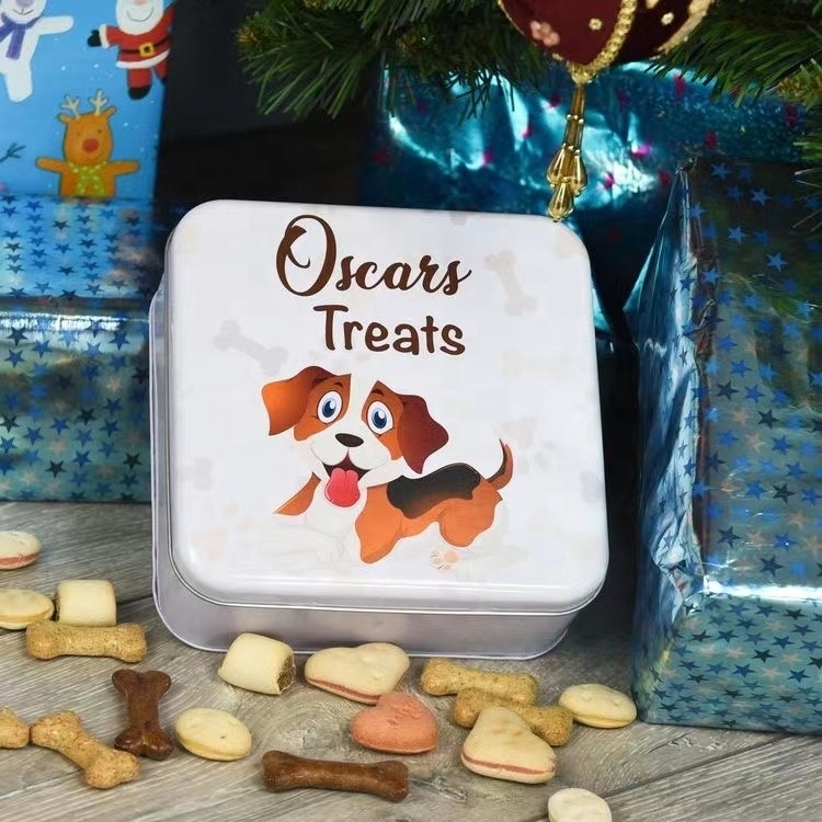 Custom food grade luxury personalised dog food treat tin canister metal food storage  cookie tin dog treat jar with lid for pet