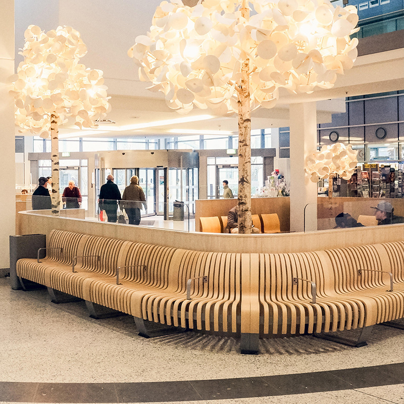 Wood curved plate bench public waiting area metal chair Hotel Sales office shopping mall lobby seating sofa furniture