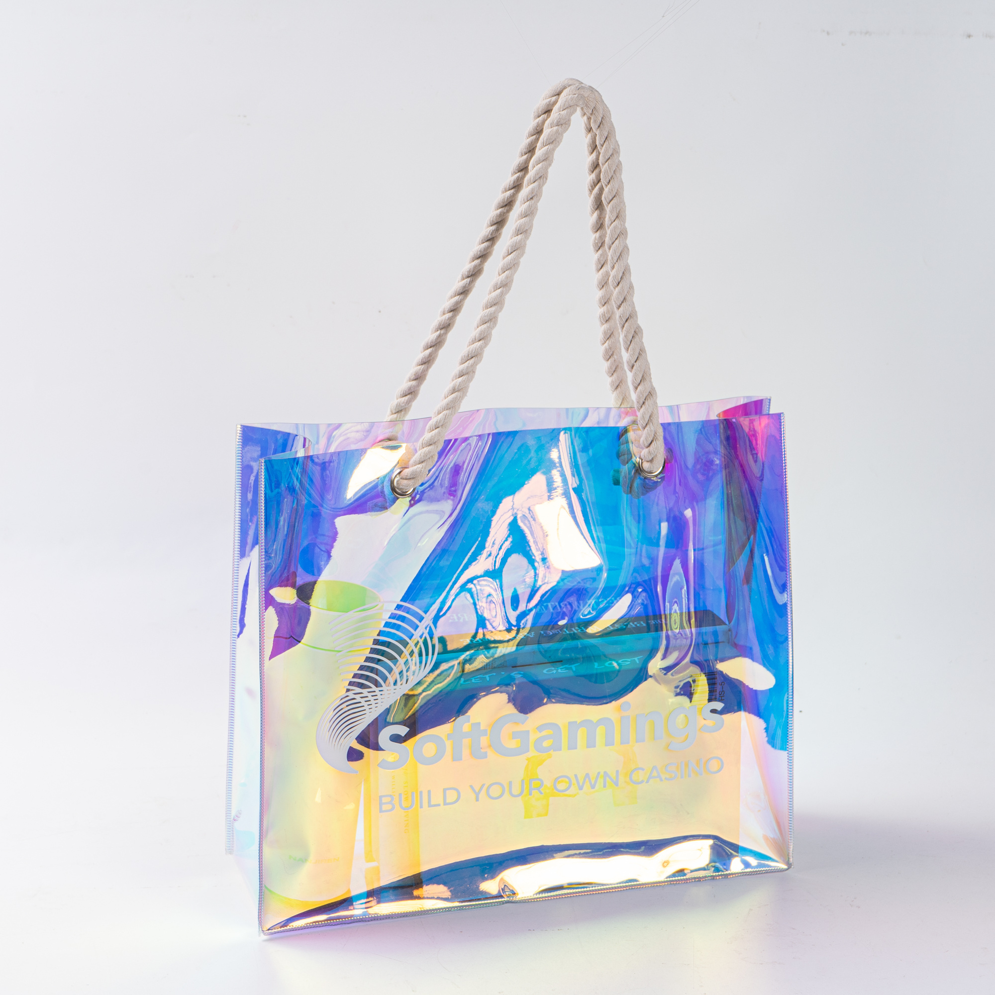 Cheap  Transparent Beach Shopping Bag With Thick Handle  Custom logo Waterproof Holographic Pvc Shopping  Bag pvc Clear Tote Bag