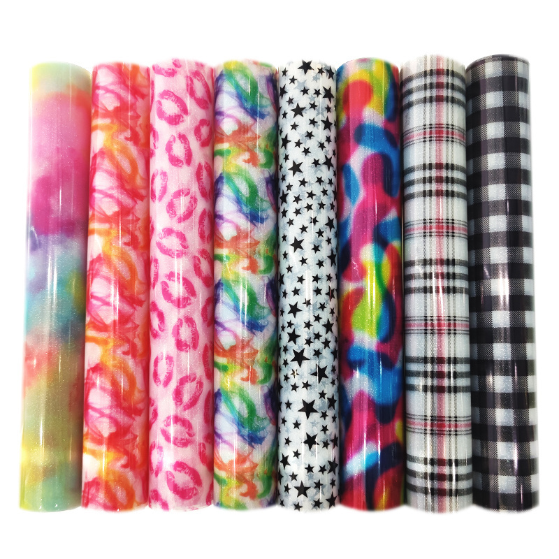 30x120cm Shiny Printed PVC Fabric Clear Star Checked Plaid Lip Tie Dye Patterns Glitter Transparent Crafts Vinyl for Bags Shoe