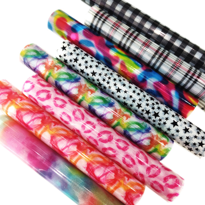 30x120cm Shiny Printed PVC Fabric Clear Star Checked Plaid Lip Tie Dye Patterns Glitter Transparent Crafts Vinyl for Bags Shoe