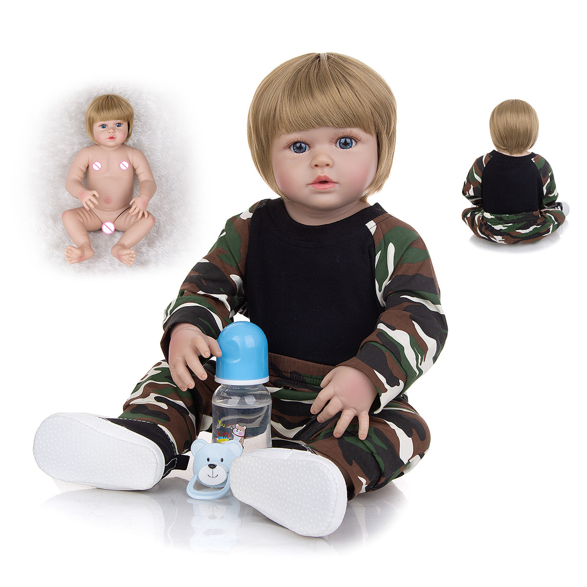 57cm Full Silicone Body Reborn Dolls Babies Boy Truly Like Menino Bebe Boneca Reborn Doll Wear Camouflage suit Kid Birthday Gift