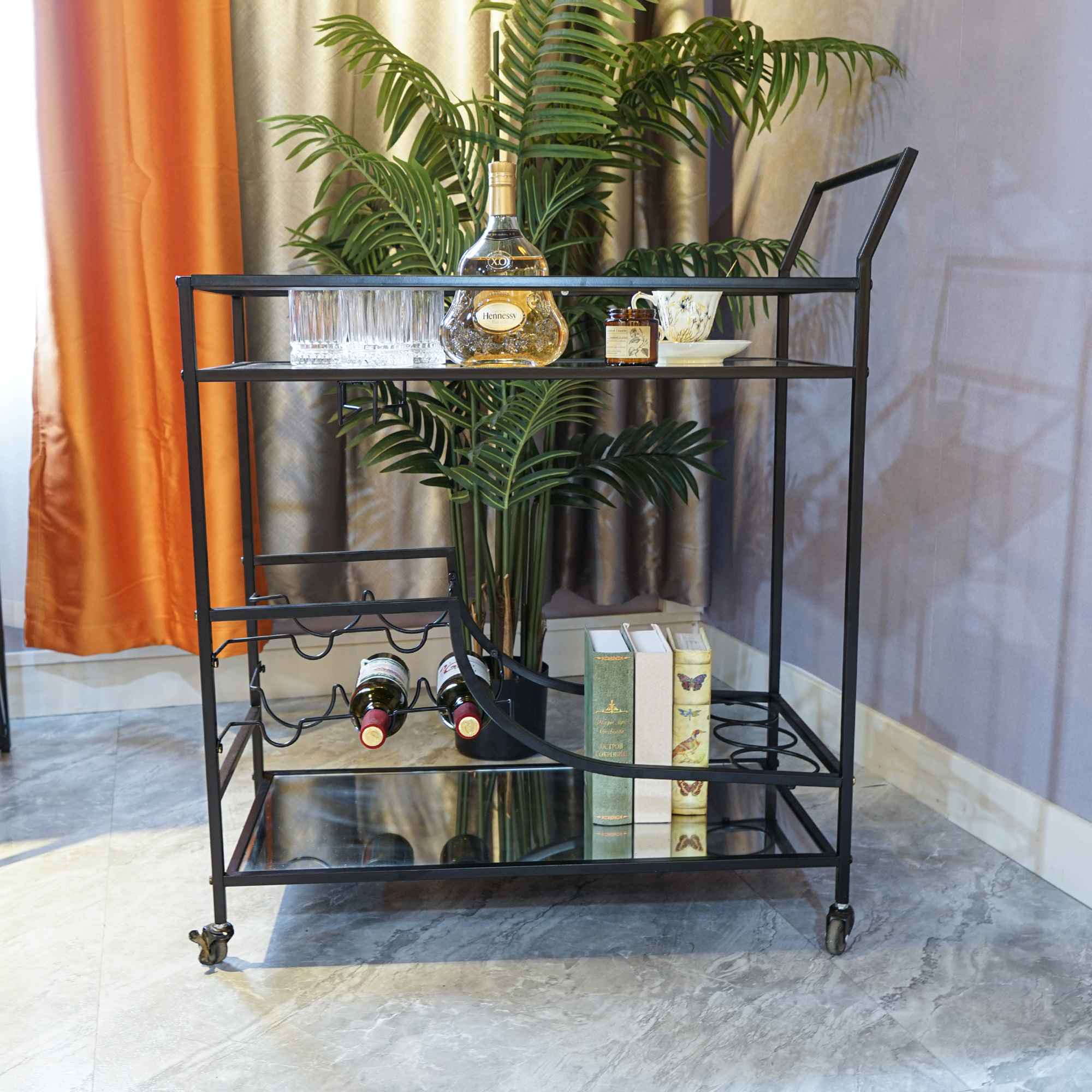 Wholesale Wine Vintage Black Trolley Bar Cart Home Serving Cart For Hotel Restaurant Mobile Bar Cart