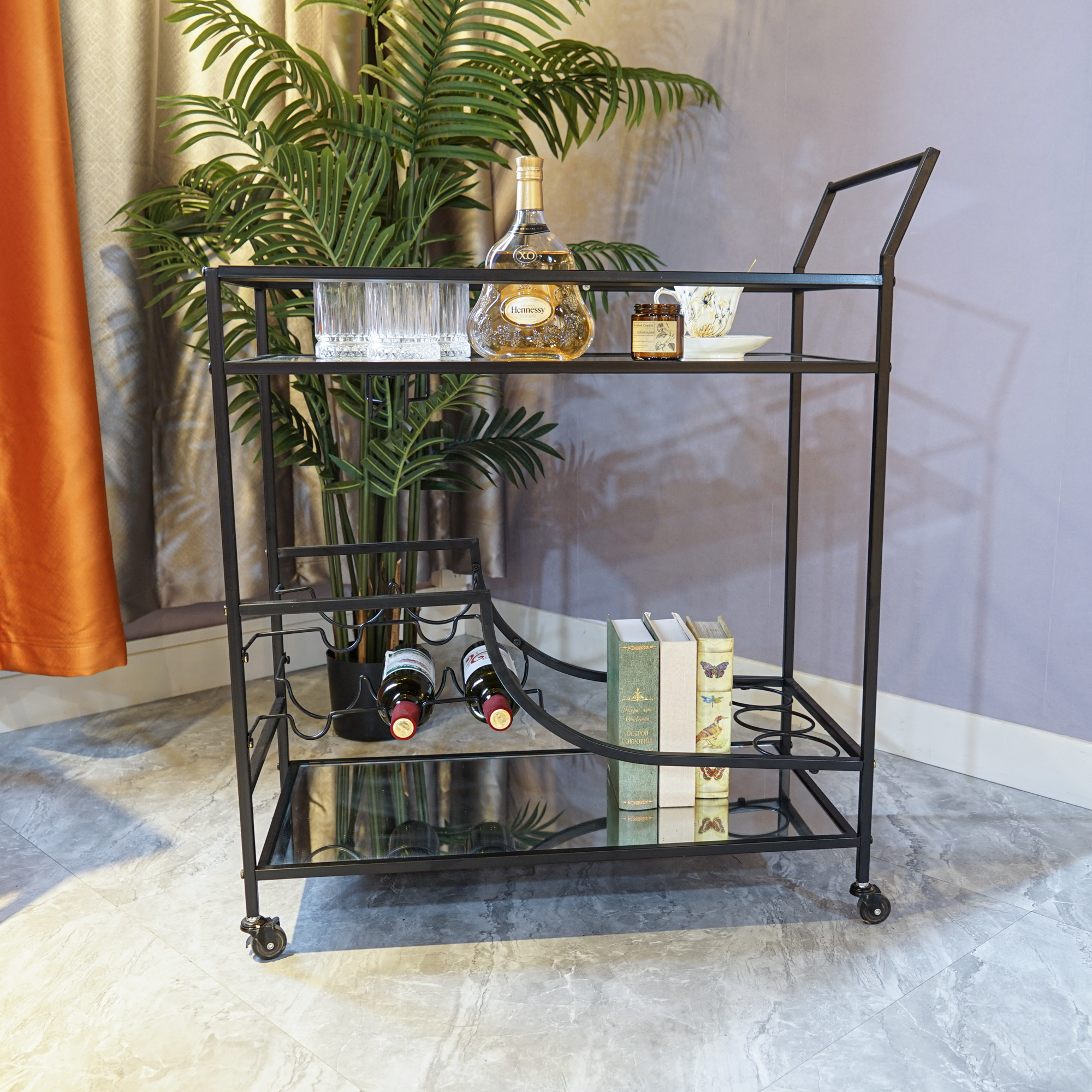 Wholesale Wine Vintage Black Trolley Bar Cart Home Serving Cart For Hotel Restaurant Mobile Bar Cart