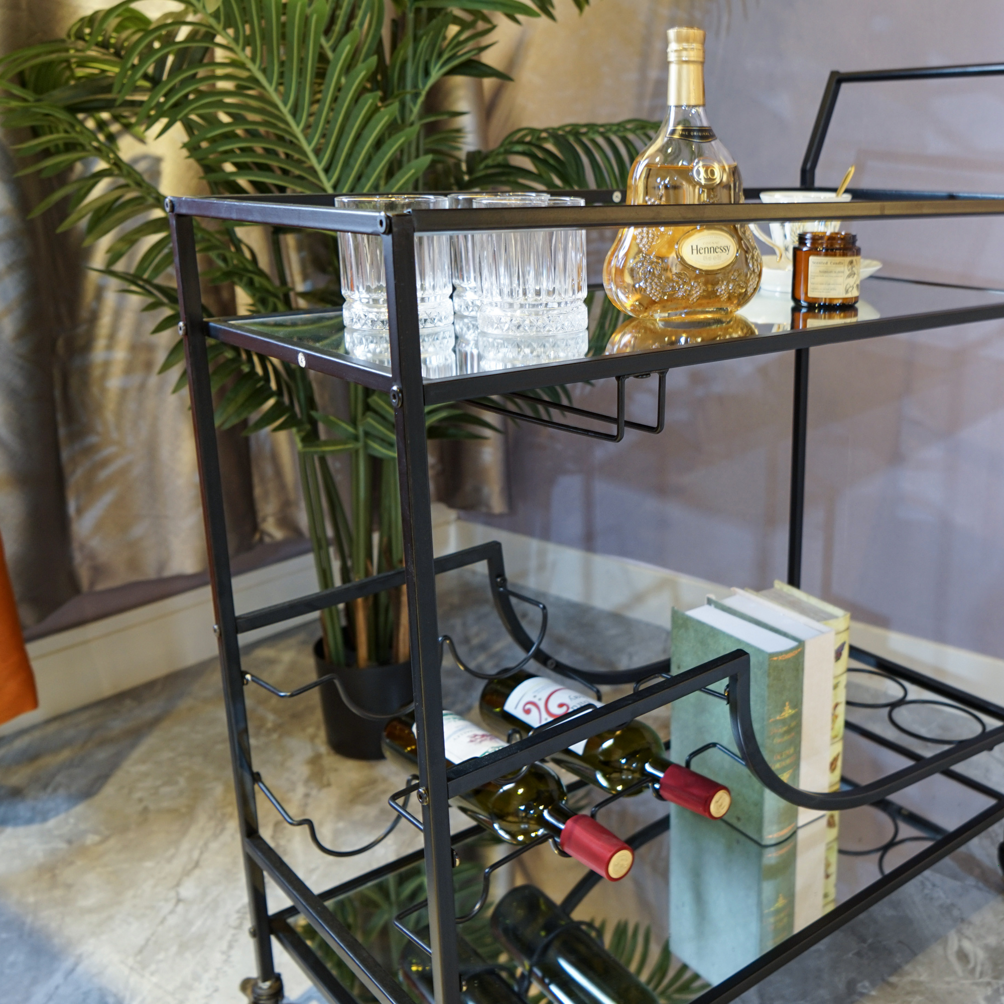 Wholesale Wine Vintage Black Trolley Bar Cart Home Serving Cart For Hotel Restaurant Mobile Bar Cart