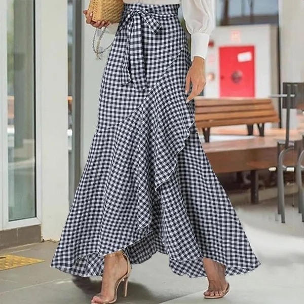 High Waisted Women's Casual Umbrella Wrapped Long Skirt Plaid Mermaid Style with Irregular Ruffled Hem Genre Women's Skirts