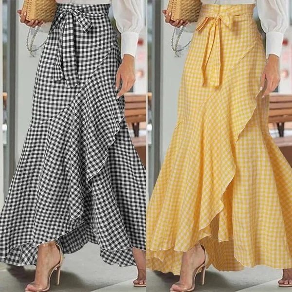 High Waisted Women's Casual Umbrella Wrapped Long Skirt Plaid Mermaid Style with Irregular Ruffled Hem Genre Women's Skirts