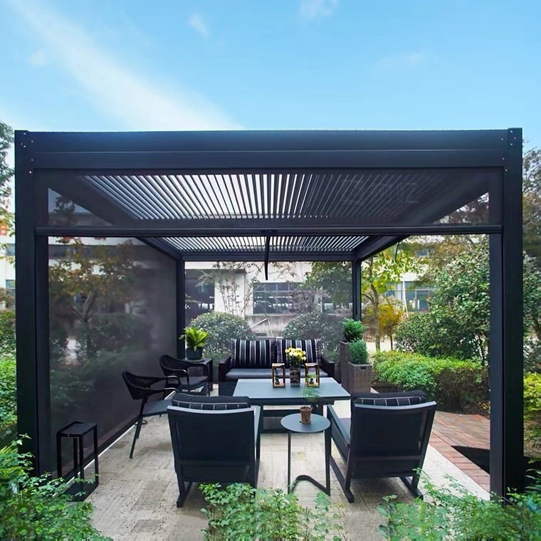 Outdoor Waterproof Garden Gazebo Motorized Pergola Aluminum Louver Roof Systems WIth Sunshade Blinds