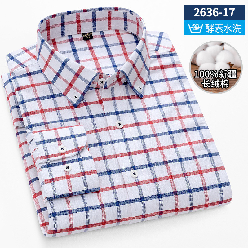 High Quality Men's Casual Long Sleeve Plaid Shirt 100% Cotton Oxford Button down Collar Mens Shirts