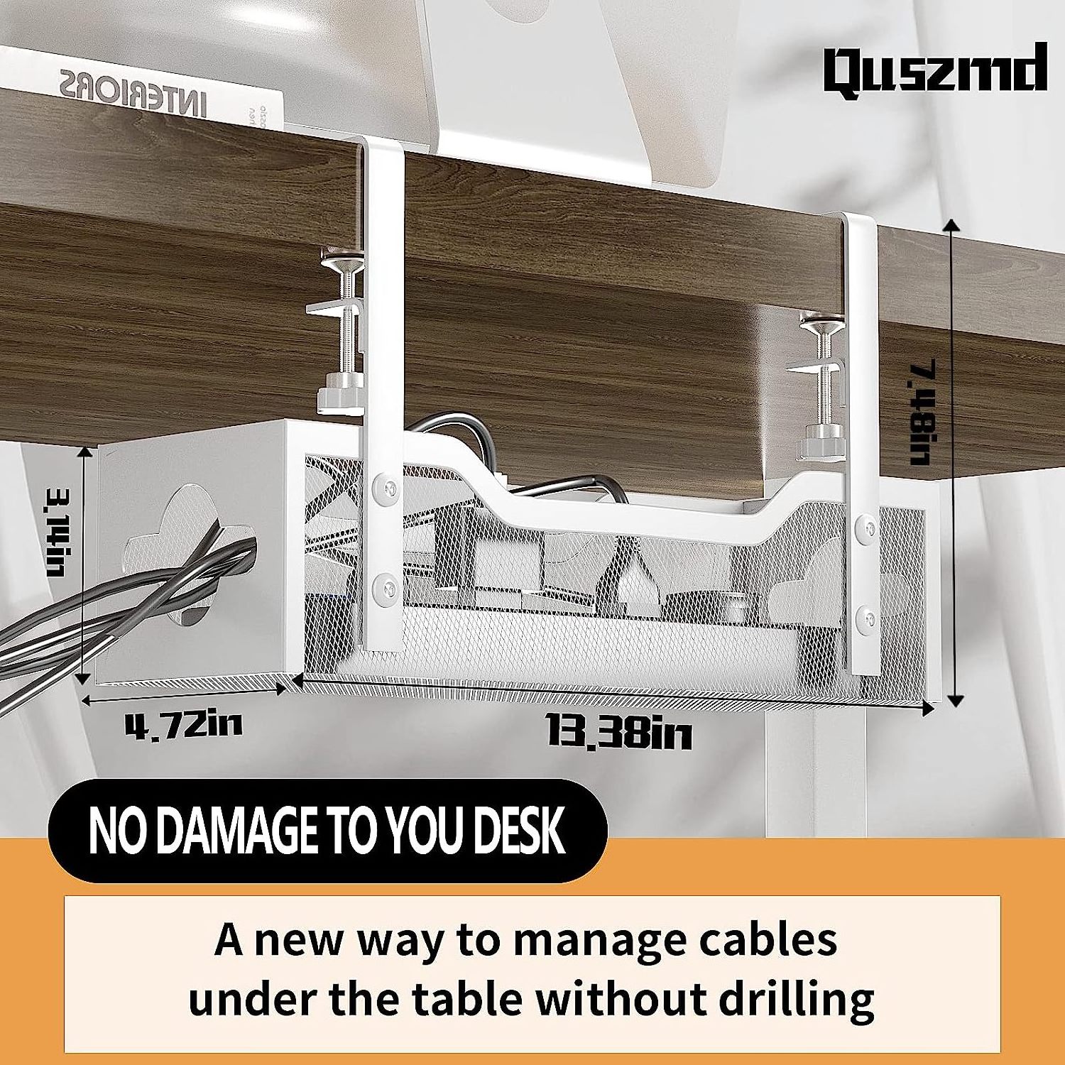 2 Hole Cable Tray with Desk Wire No Drill Metal Mesh with Clamp Mount Under Desk Cable Management Tray