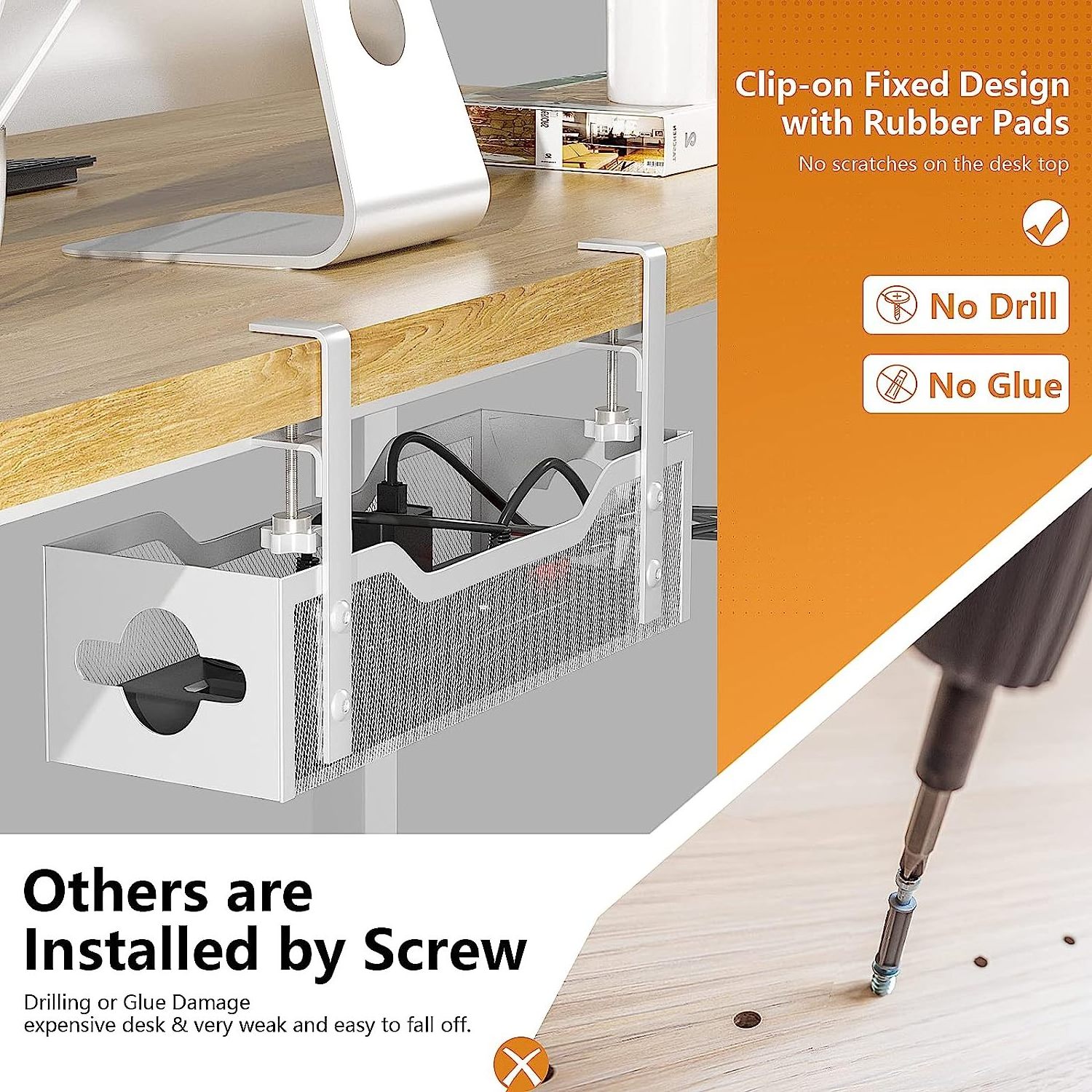 2 Hole Cable Tray with Desk Wire No Drill Metal Mesh with Clamp Mount Under Desk Cable Management Tray