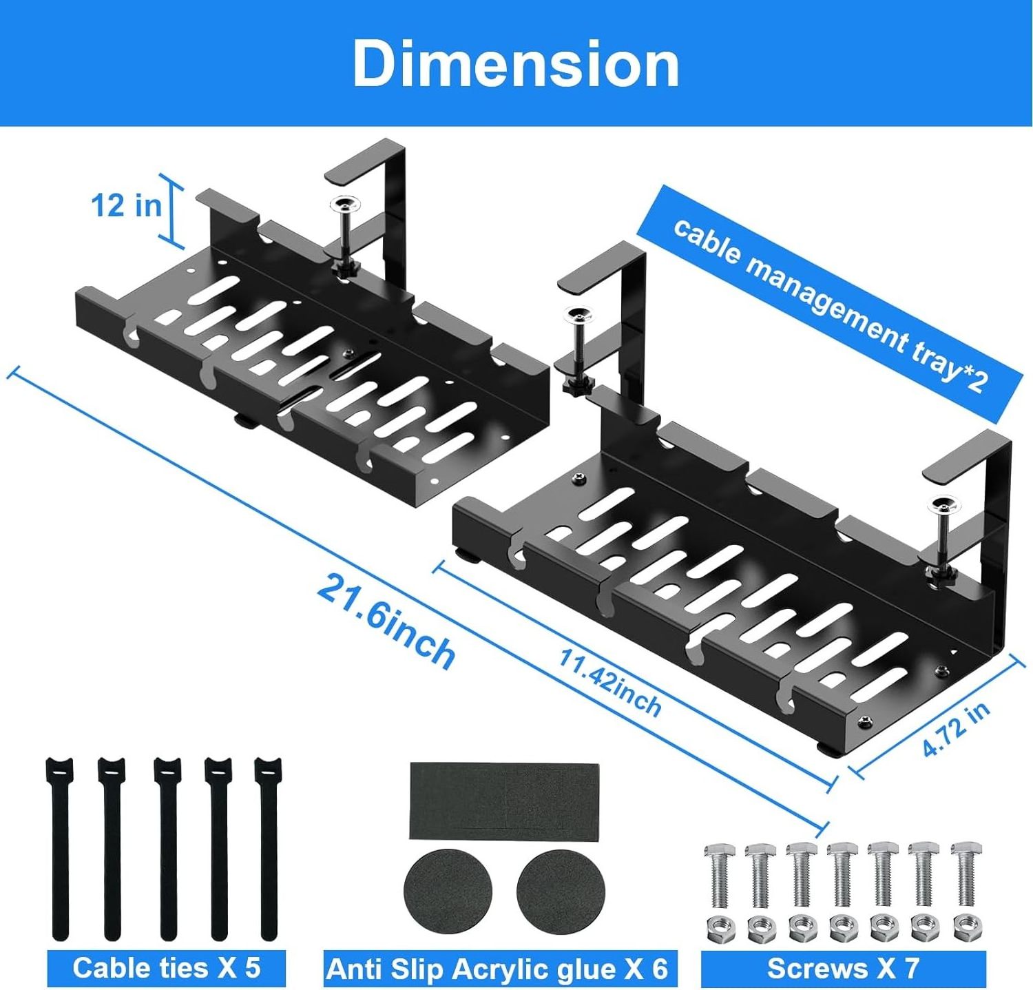 No Drilling Extendable Cord Organizer Desk Storage with Clamp Under Desk Cable Management Metal Tray