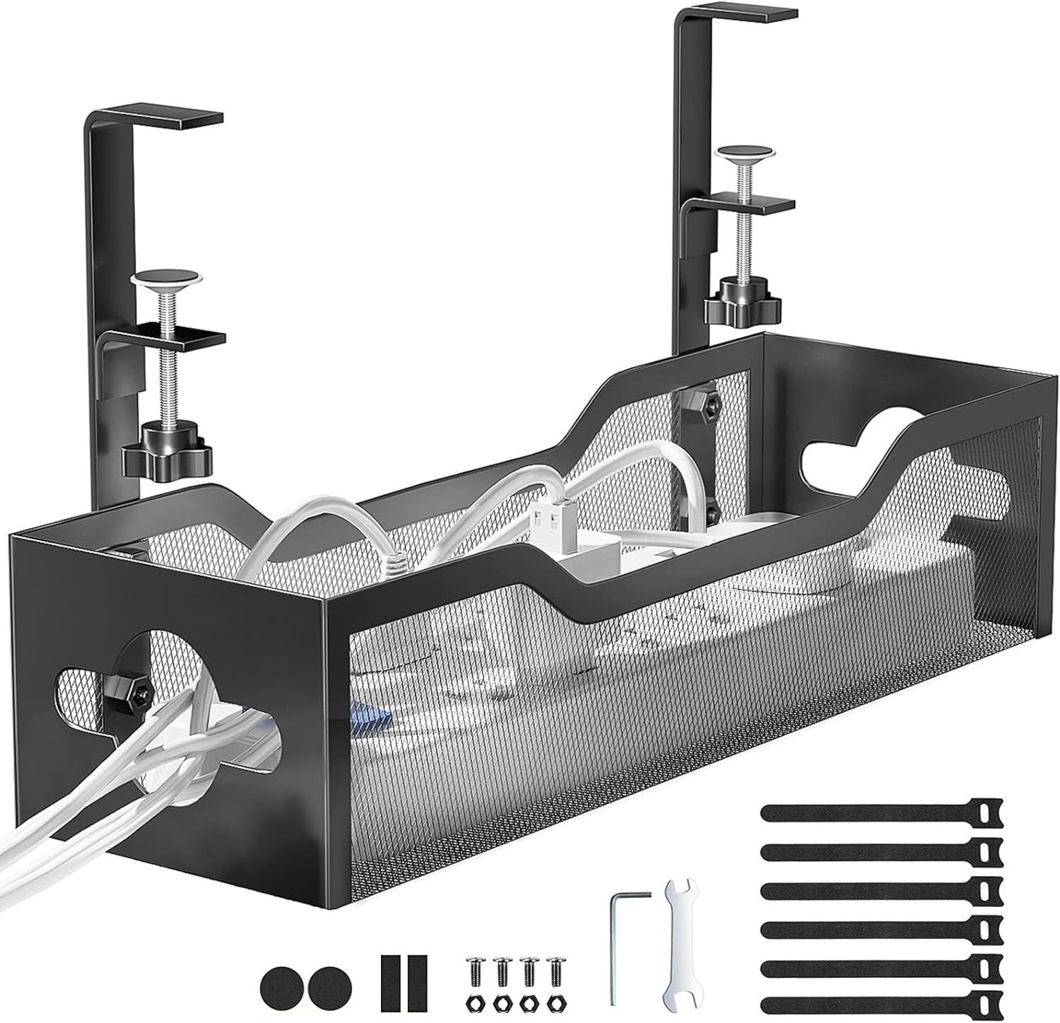 2 Hole Cable Tray with Desk Wire No Drill Metal Mesh with Clamp Mount Under Desk Cable Management Tray