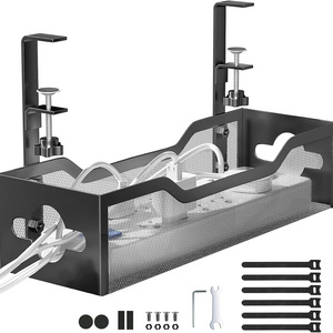 2 Hole Cable Tray with Desk Wire No Drill Metal Mesh with Clamp Mount Under Desk Cable Management Tray