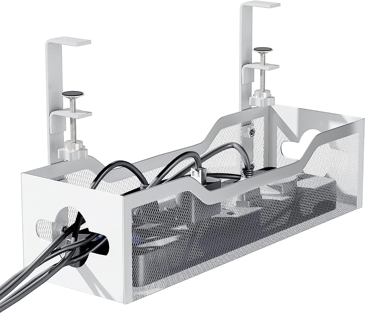 2 Hole Cable Tray with Desk Wire No Drill Metal Mesh with Clamp Mount Under Desk Cable Management Tray