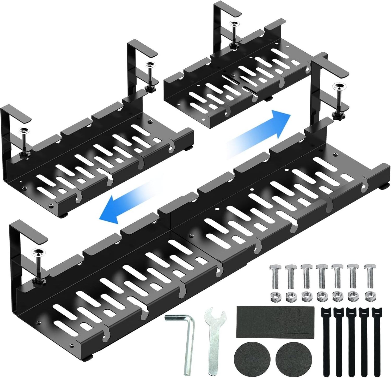 No Drilling Extendable Cord Organizer Desk Storage with Clamp Under Desk Cable Management Metal Tray