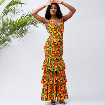 Summer Latest Kitenge Fashion Floral Orange Royal Blue Open Back Tunic Dress  Wax Printing Gold Maxi African Dresses For Women | BestSuppliers.com