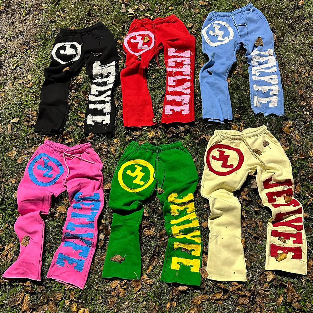 Custom pants & trousers Applique Graphic Embroidered Patches Stacked Flare Sweatpants Acid Wash Jogger Flared men's pants