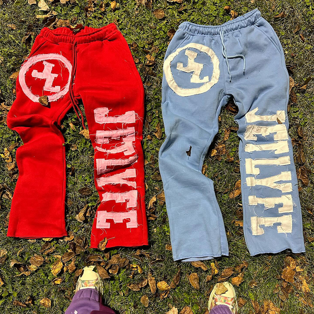 Custom pants & trousers Applique Graphic Embroidered Patches Stacked Flare Sweatpants Acid Wash Jogger Flared men's pants