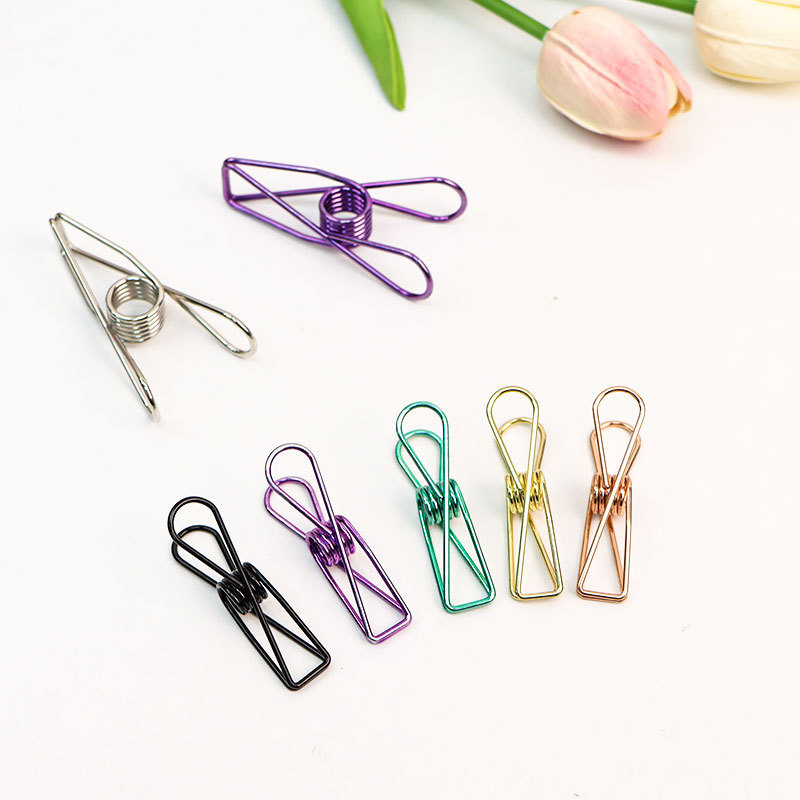 Office stationery colorful stainless steel clothes peg pins binder spring small fish paper metal skeleton file metal hook clip