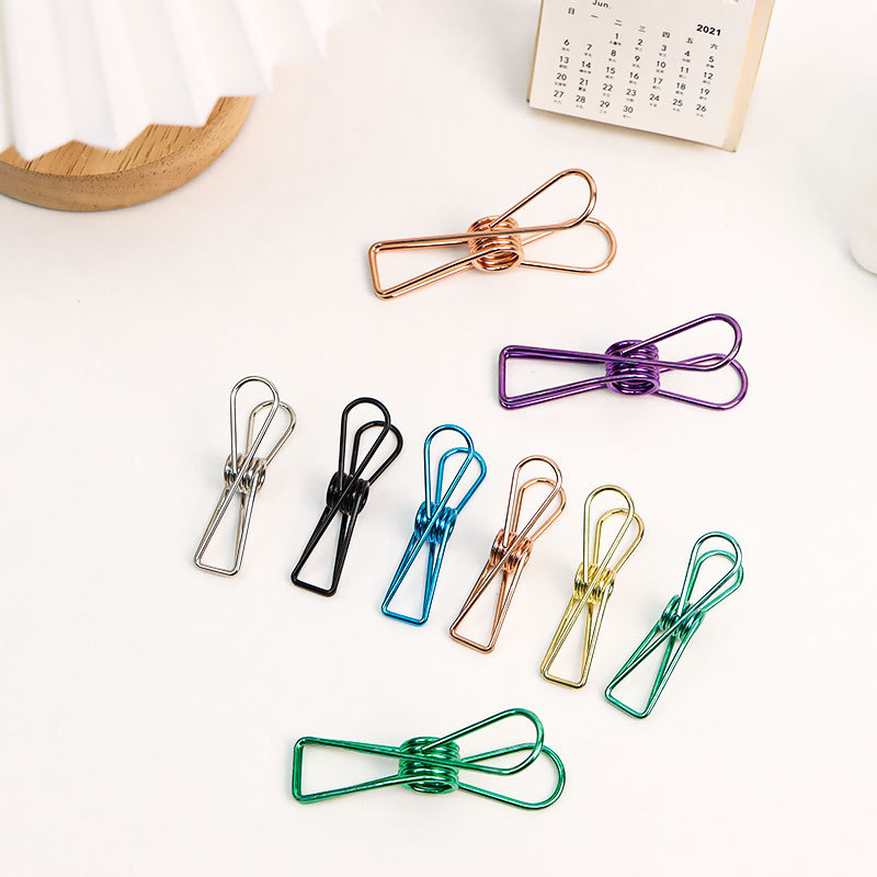 Office stationery colorful stainless steel clothes peg pins binder spring small fish paper metal skeleton file metal hook clip