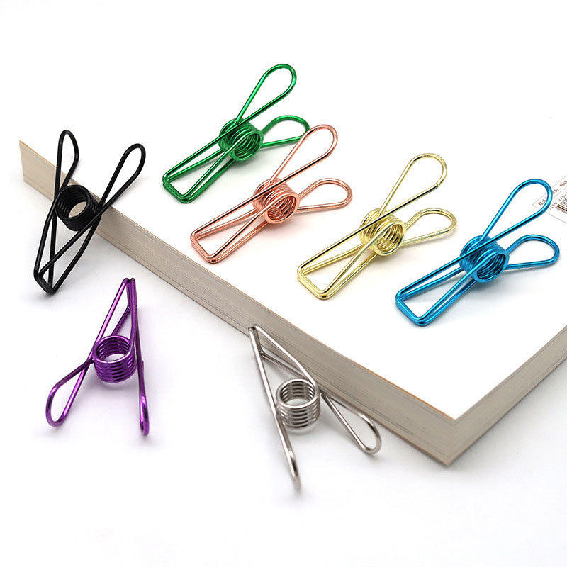 Office stationery colorful stainless steel clothes peg pins binder spring small fish paper metal skeleton file metal hook clip