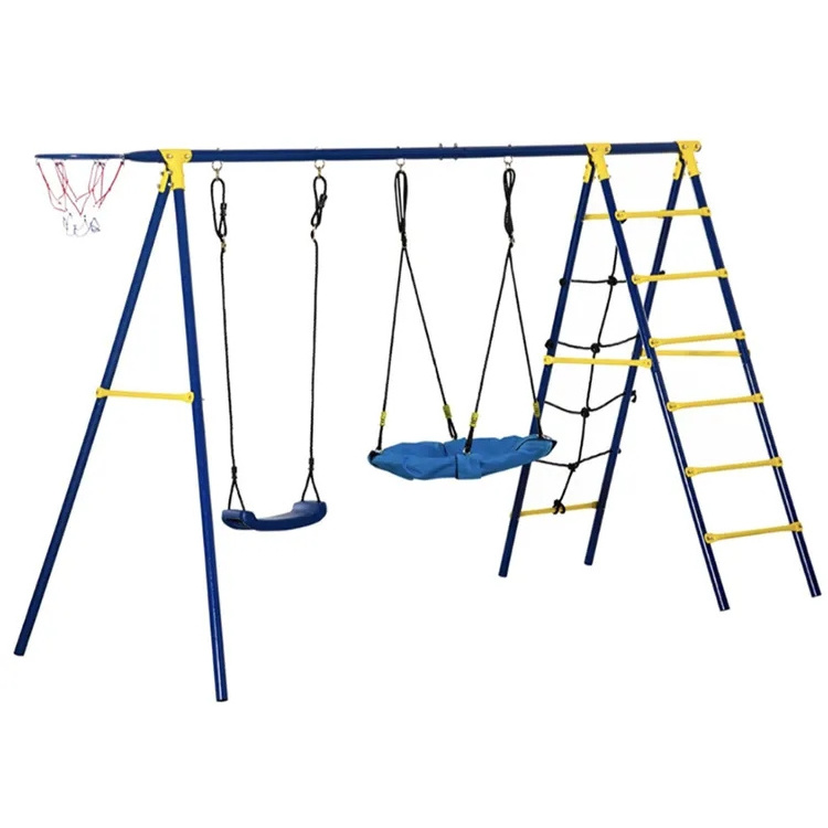 swing Set for Backyard with  Saucer Swing Climbing Rope, Climbing Ladder, Basketball Hoop