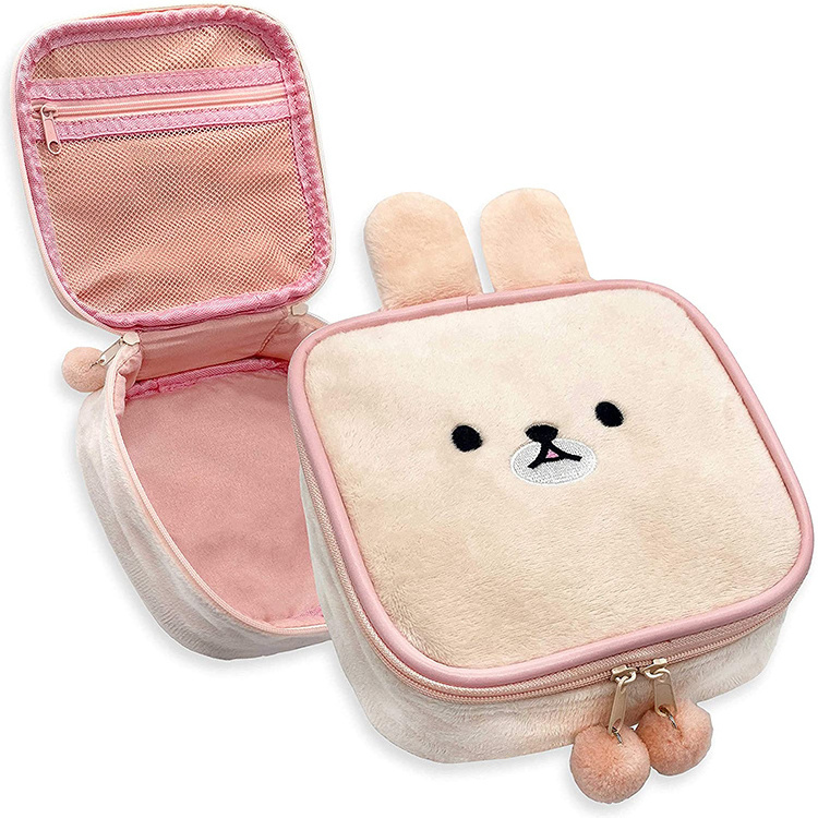 Cute Animal Custom Cosmetic Bag Pink Velvet Makeup Bag Travel Home Storage Inner Pocket 2021 Small Plush Pouch Bag Women Girls