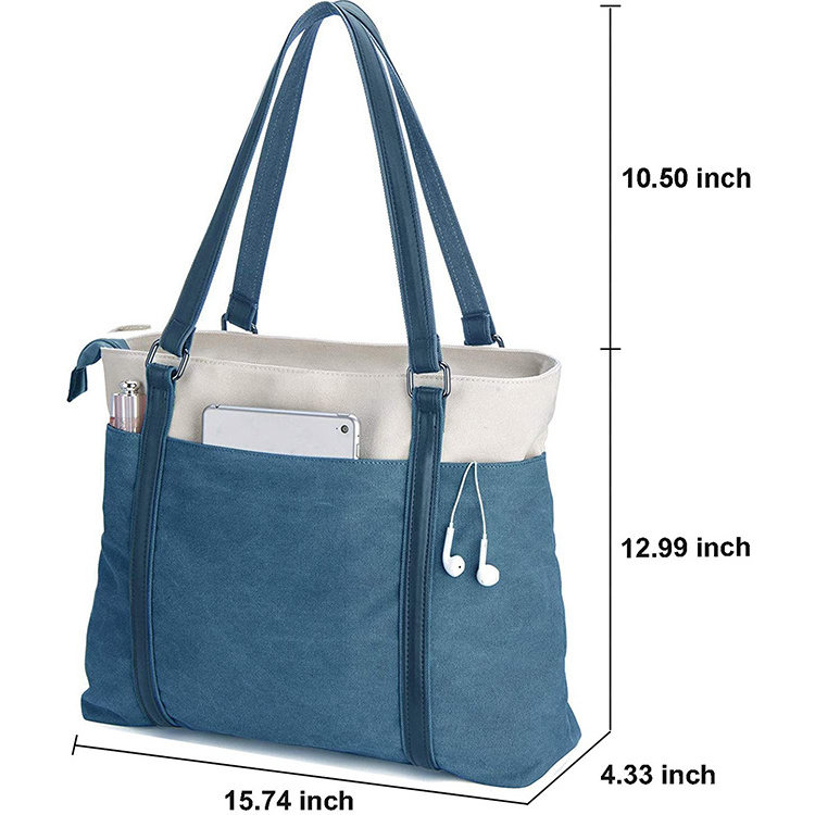 Wholesale Custom Fashion Lightweight Splice Canvas 15.6 Inch Handbag Women Work Laptop Tote Shoulder Bag