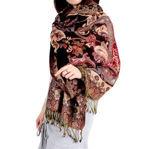 New Bohemia Style Women Double Side Paisley Silky Pashmina Scarf Wrap Shawl Lady's Ethnic Jacquard fringed Travel scarf