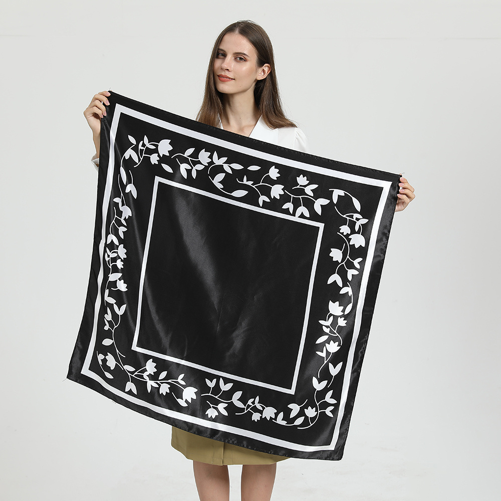 2023 New 90*90CM Square Silk Scarf Headband For Women Fashion Black White Print Hair Band Ties Hand Kerchief Bandana Shawl Hijab